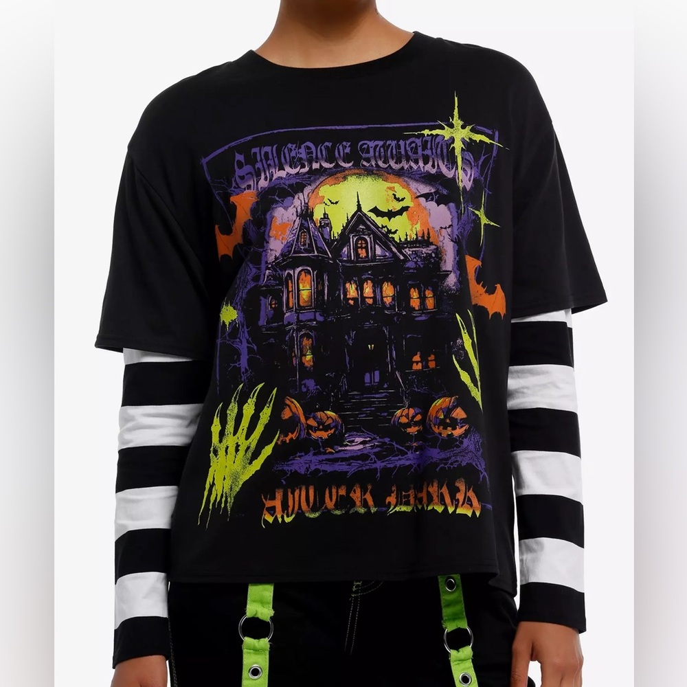 Haunted House Stripe Girls Twofer Long-Sleeve T-Shirt Hot‎ Topic Halloween
